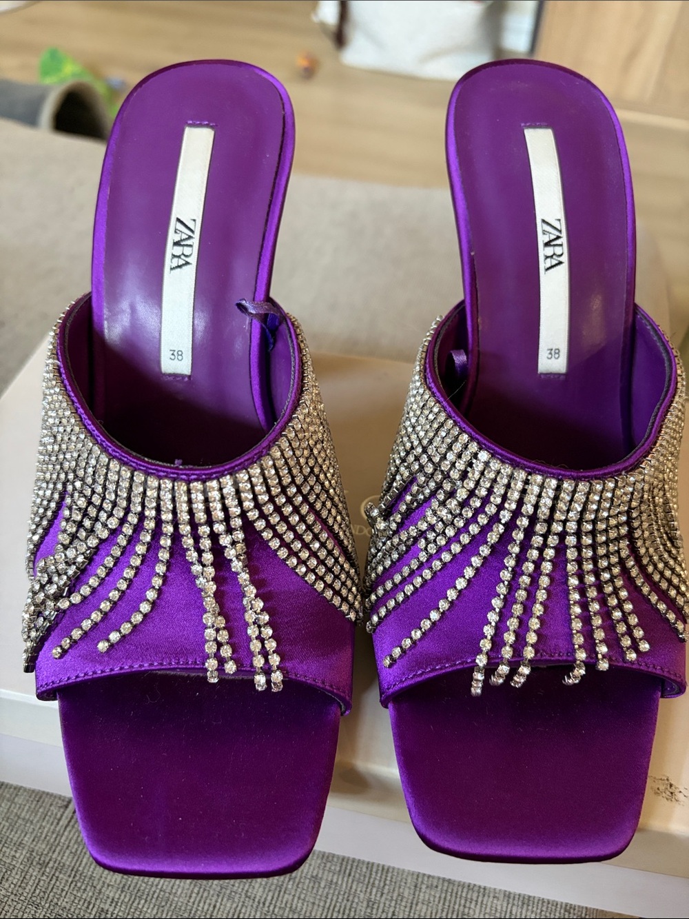 ZARA Purple Crystal Fringe Satin Heels